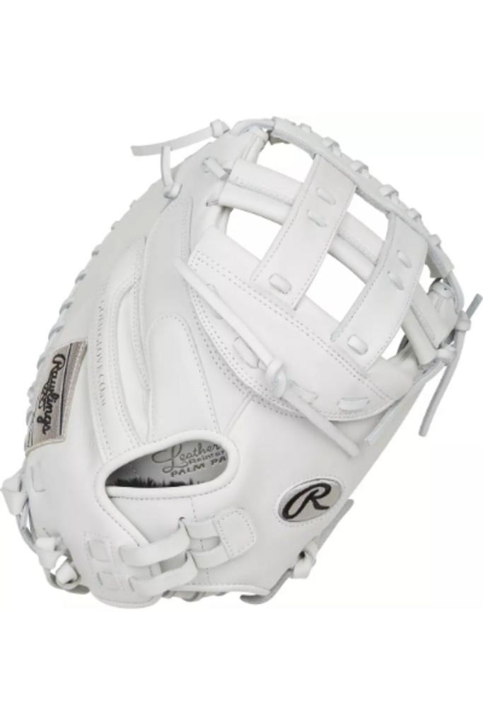 White fastpitch catcher mitt close-up of heel pad and web strap