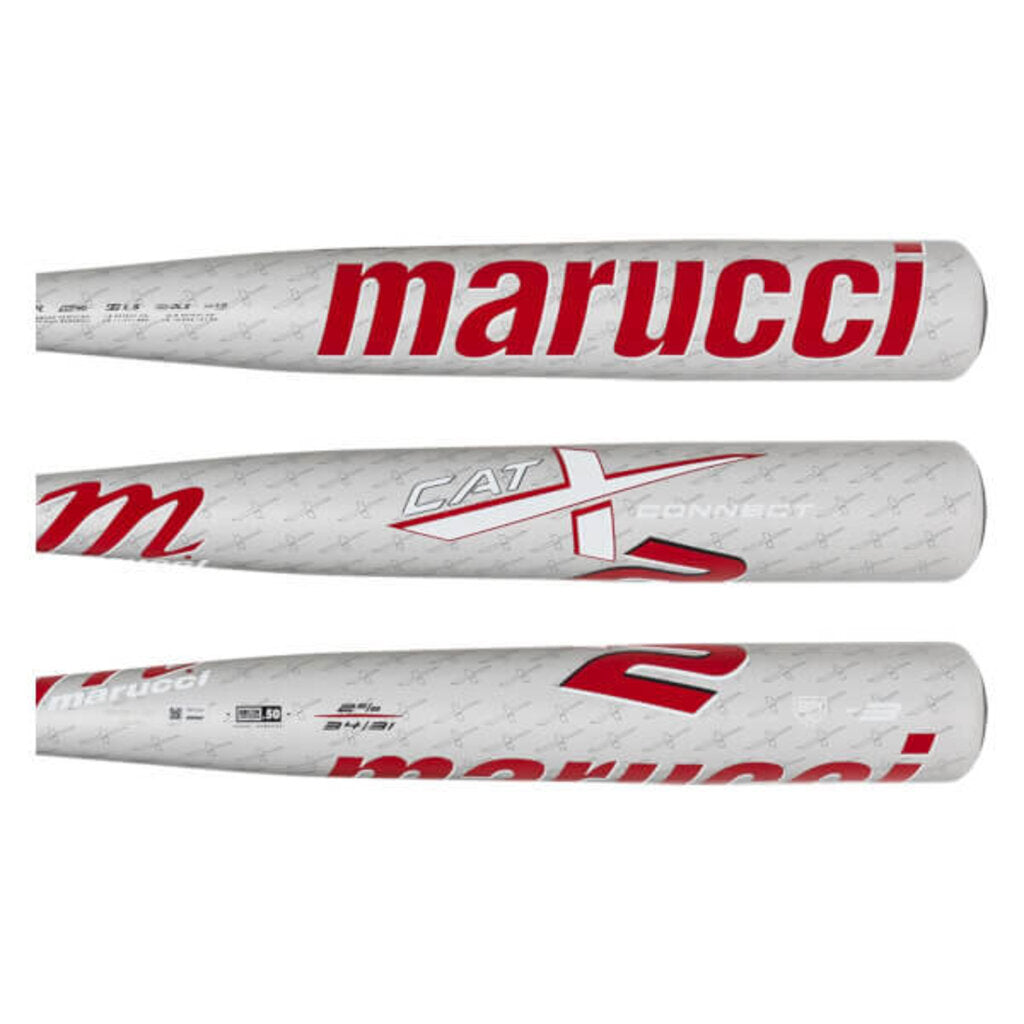 Silver baseball bat with marucci branding and red accent graphics, side and back views
