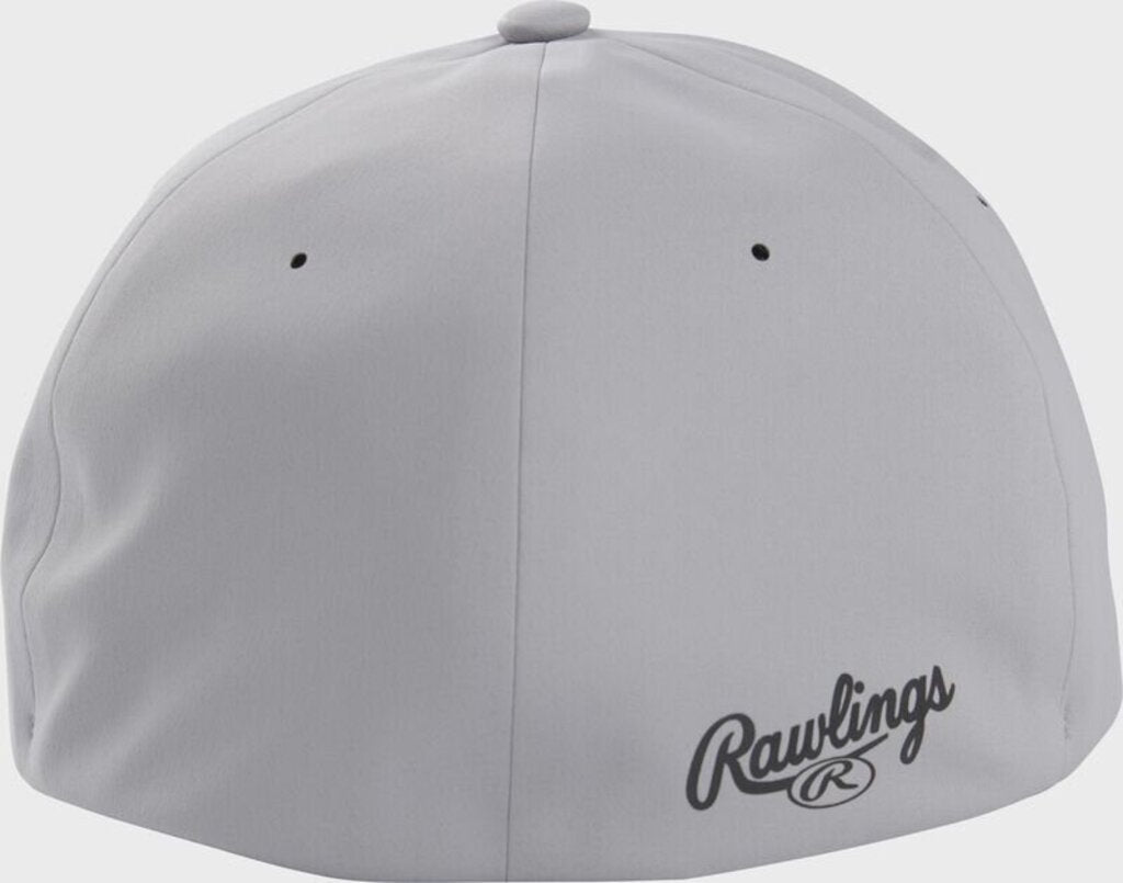 Grey Flexfit fitted hat with Rawlings script logo on back panel