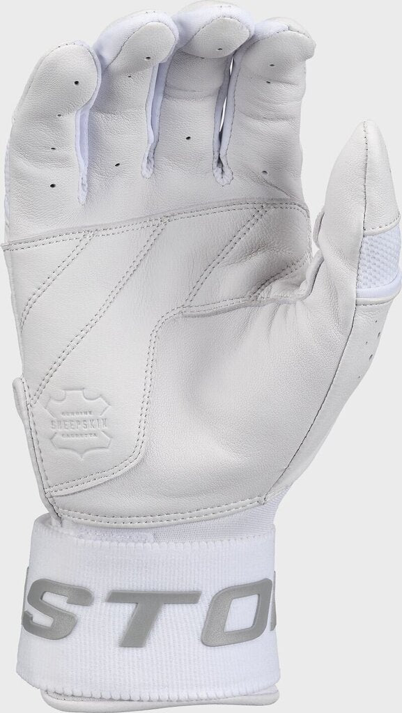 White batting glove with padded back and stitched wrist cuff with Easton mark