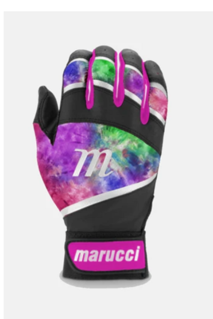 Black batting gloves with purple and green tie-dye, pink accents, marucci logo