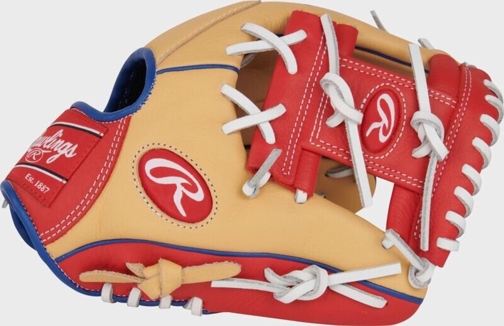 Youth baseball glove tan and red with blue interior, white lacing and heel pad