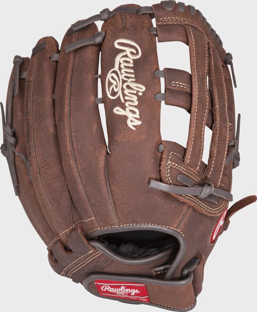 Brown leather slowpitch softball glove with Velcro wrist strap and Rawlings logo