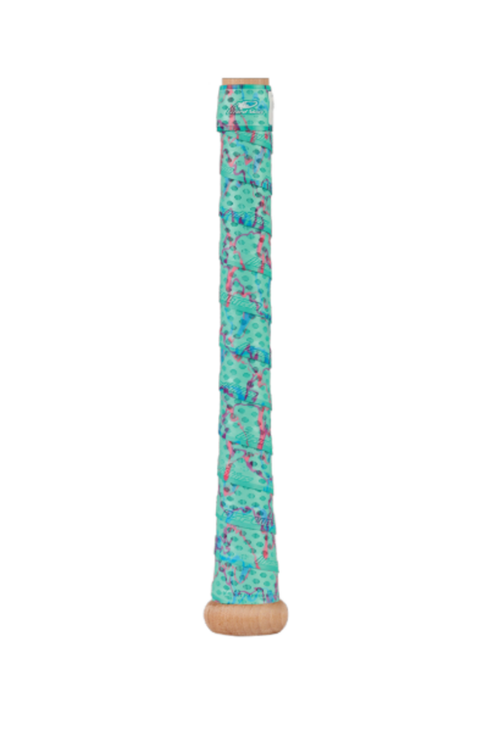 Lizard Skins wrapped baseball bat grip, teal coral camo with pink spots, 1.1mm