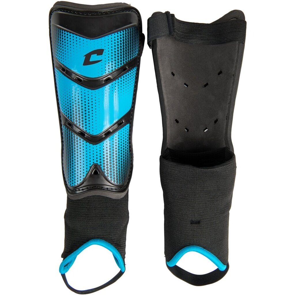 Blue soccer shin guards with teal shield, perforated plate, and black sock straps