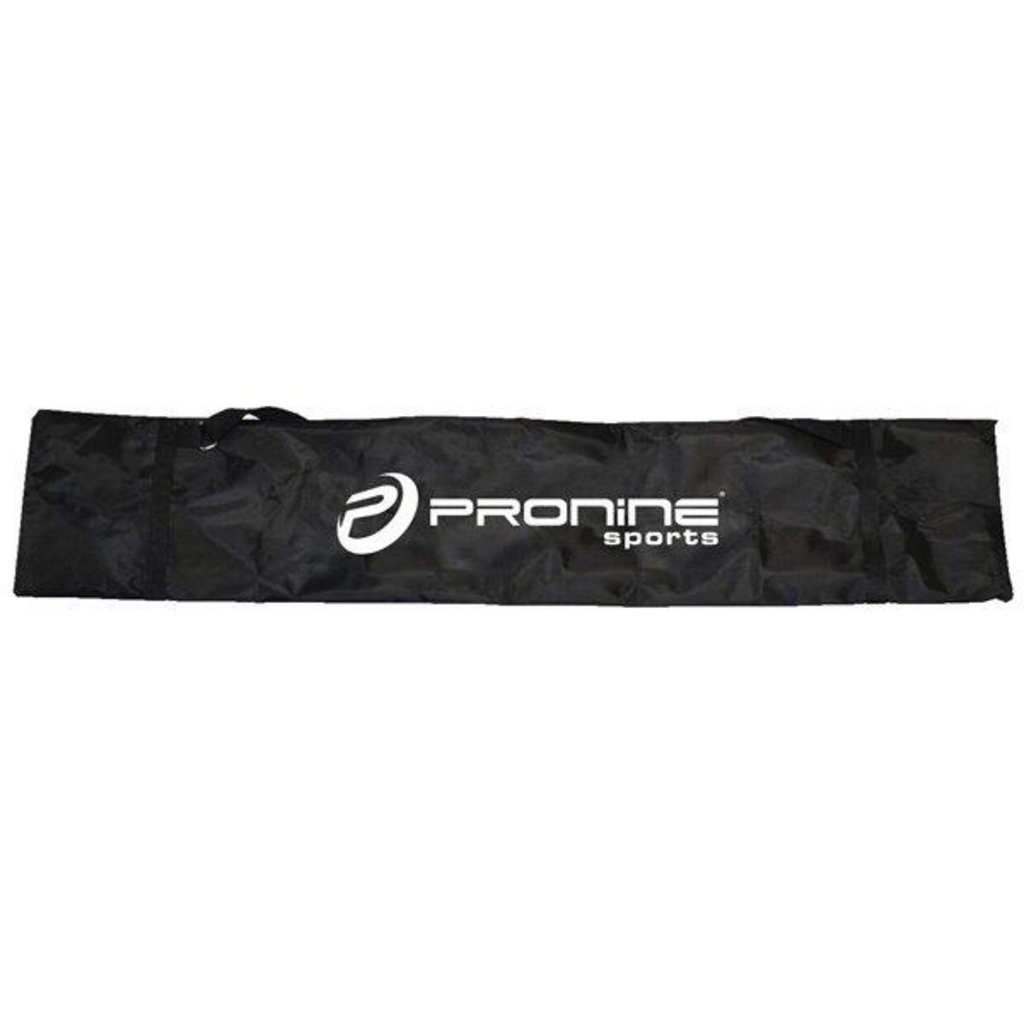 Black ProNine Sports carry bag for the portable training net, folded with logo