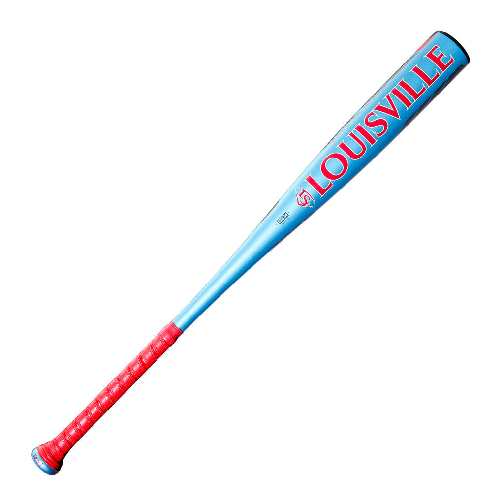 Blue BBCOR baseball bat with Louisville Slugger and Atlas lettering, red end cap