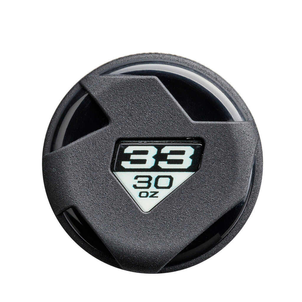 Black end cap with embossed 33 and 30 oz label on textured baseball bat