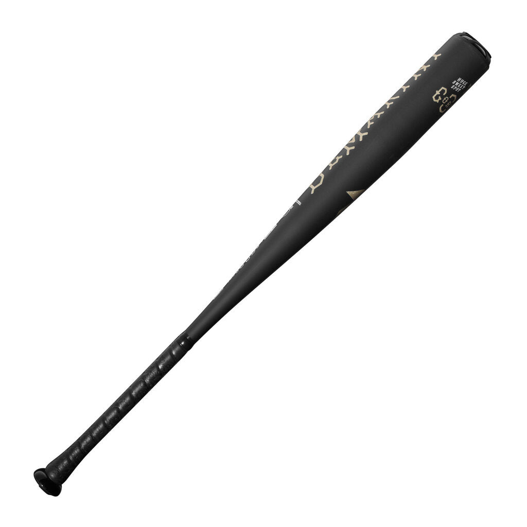 Black baseball bat angled view with gold logo accents
