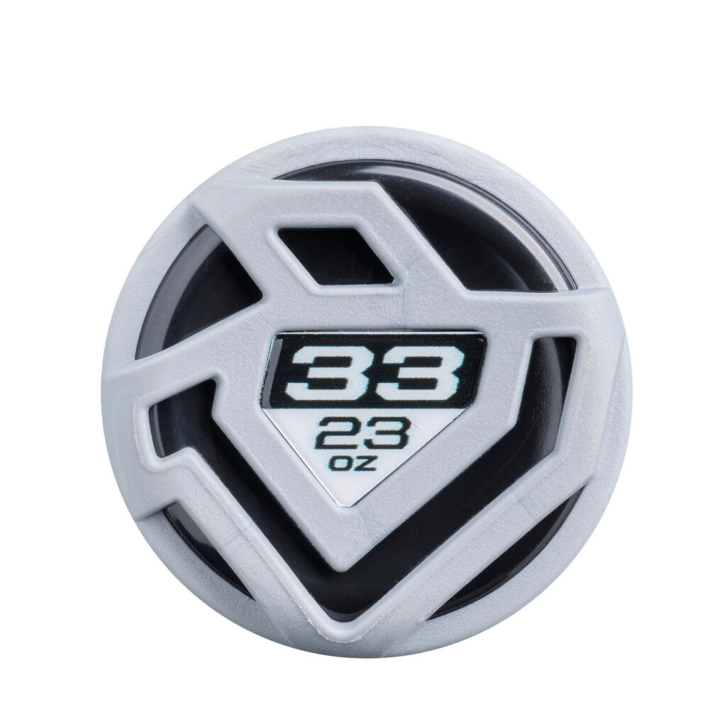 Softball bat end cap with '33' and '23 oz' markings, black-and-white logo panel