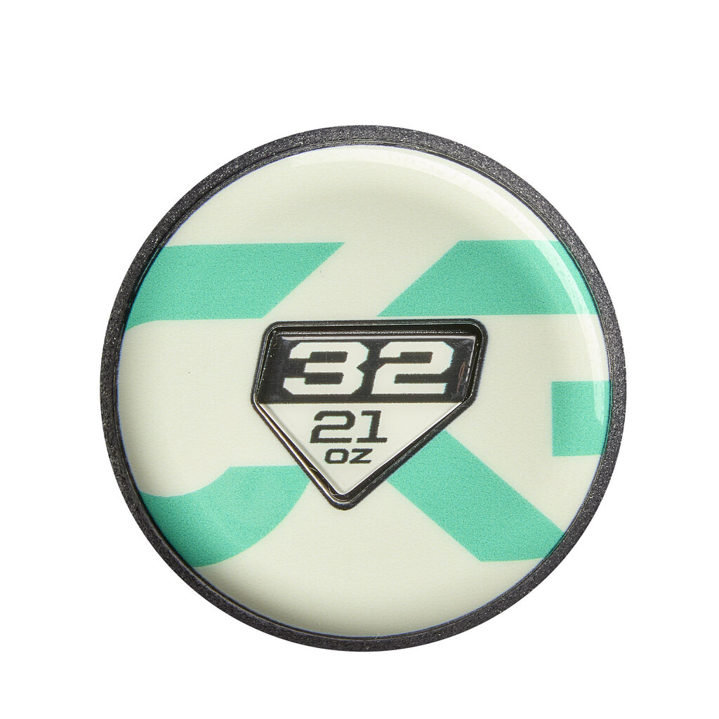 Fastpitch softball bat end cap close-up showing "32" and "21 oz" over turquoise graphic