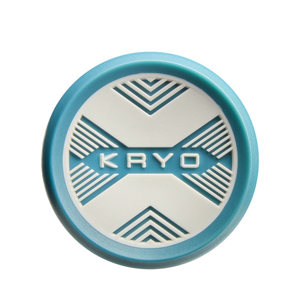 Softball bat end plug with KRYO text and teal ring design