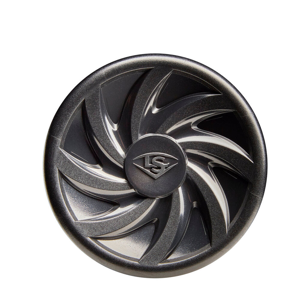 Baseball bat end cap, black circular insert with LS logo and fan design
