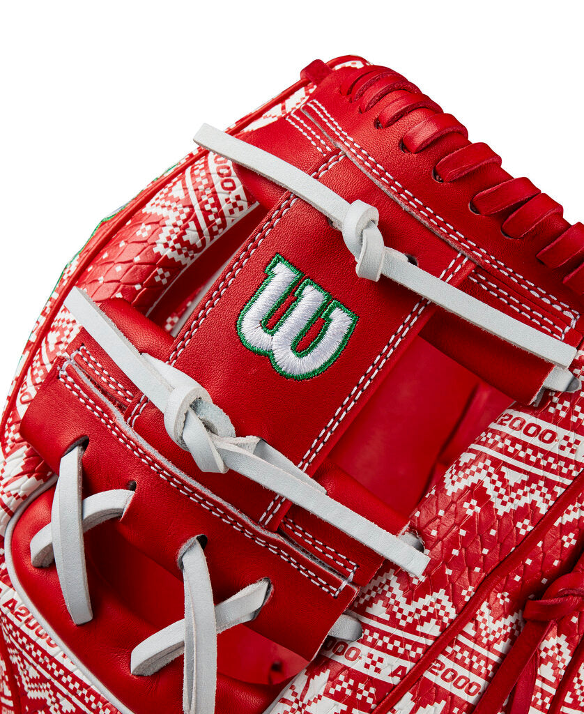 Baseball glove close-up with red leather, white web laces, and green 'W' logo