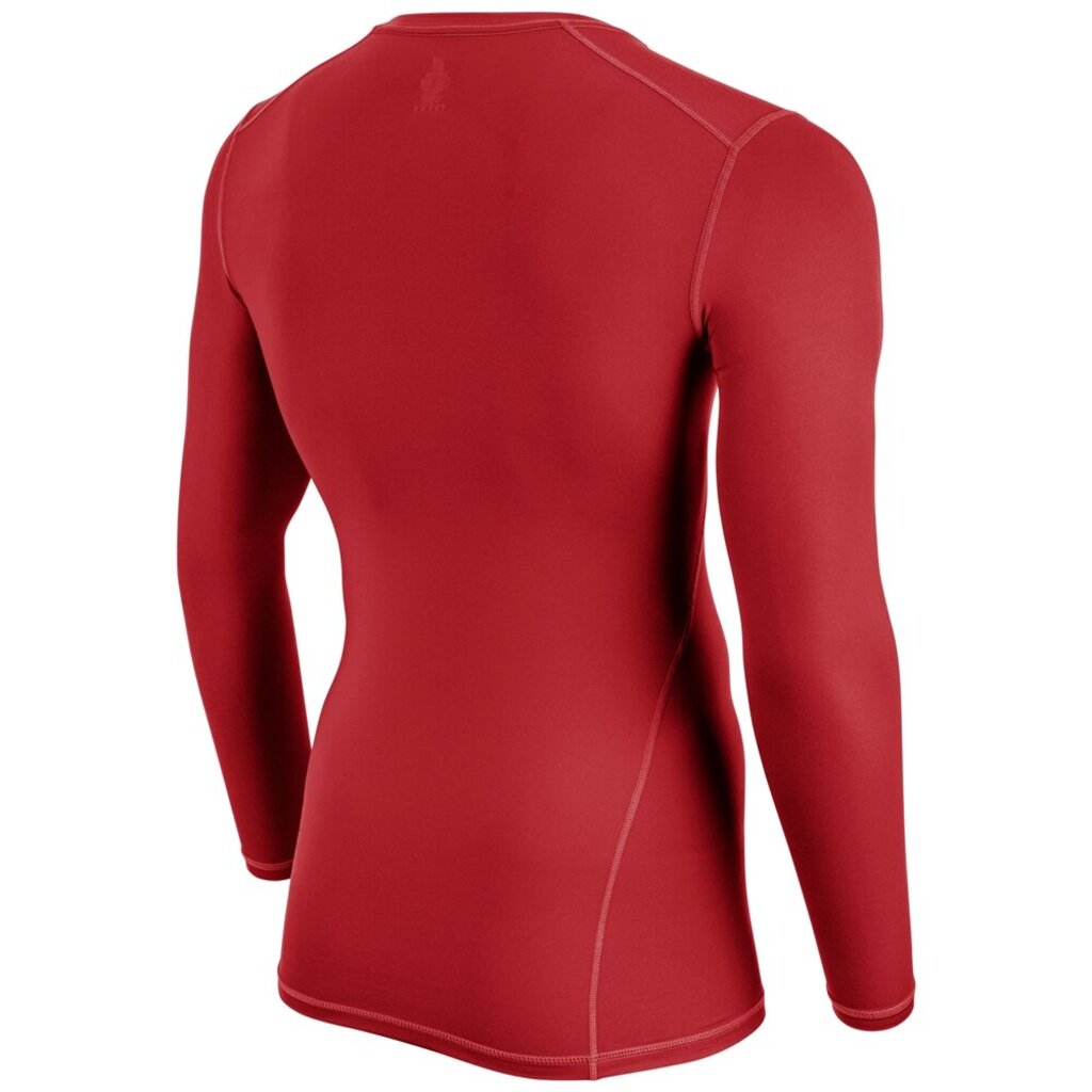Red long sleeve compression shirt back view with curved seam panels