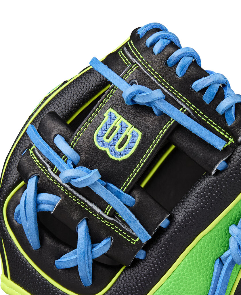 Black baseball glove with blue laces, neon green Wilson patch, and textured finger stall detail