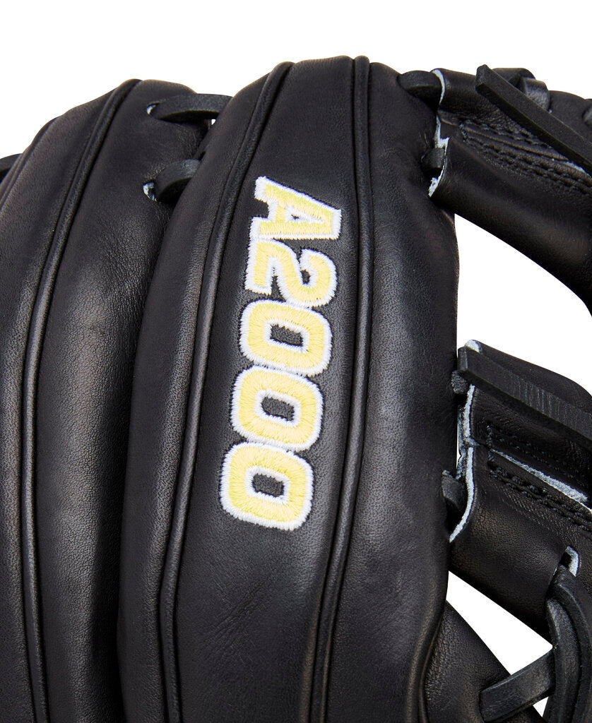 Close-up of black baseball glove with A2000 vertical patch and wrist strap.