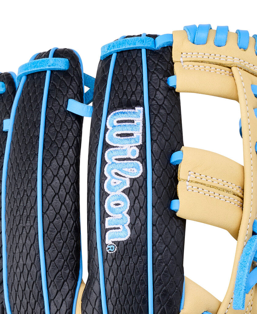 Fastpitch glove back strap with Wilson logo, black leather, blue web borders
