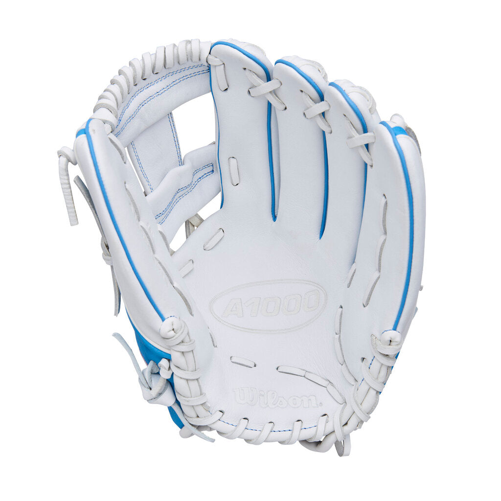 White fastpitch glove with blue lacing, molded A1000 badge, and laced web