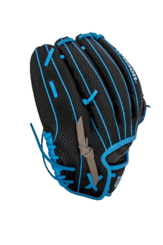 Wilson fastpitch softball glove, black with blue webbing and blue stitched accents