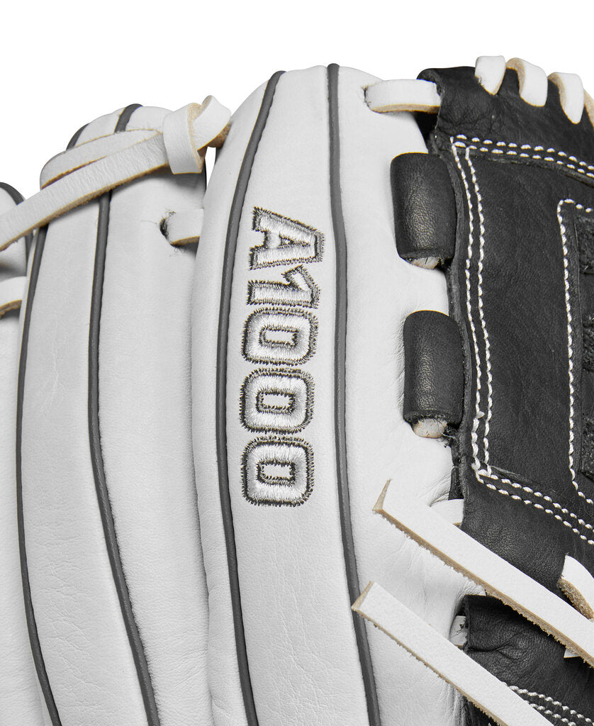Left-hand glove with A1000 embroidery on white/grey leather and black finger padding