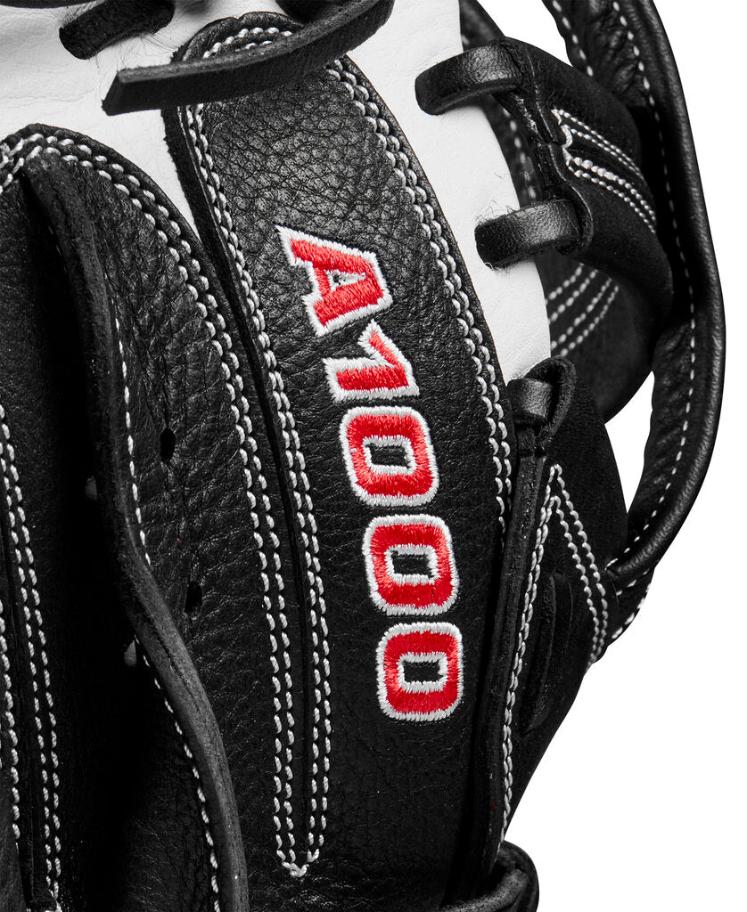 Close-up of black catcher mitt wrist strap with red 'A1000' embroidery.
