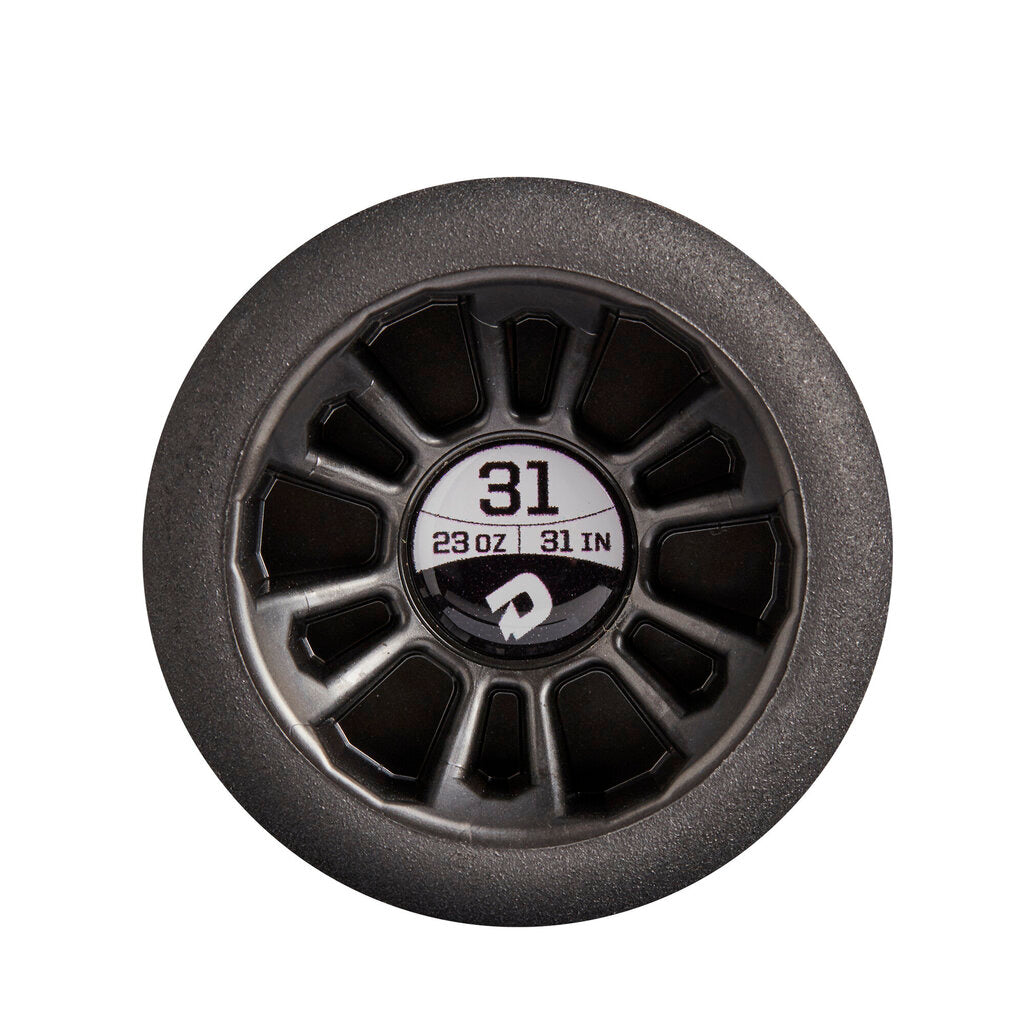 Baseball bat end cap with 31 ring stamp and black molded barrel guard
