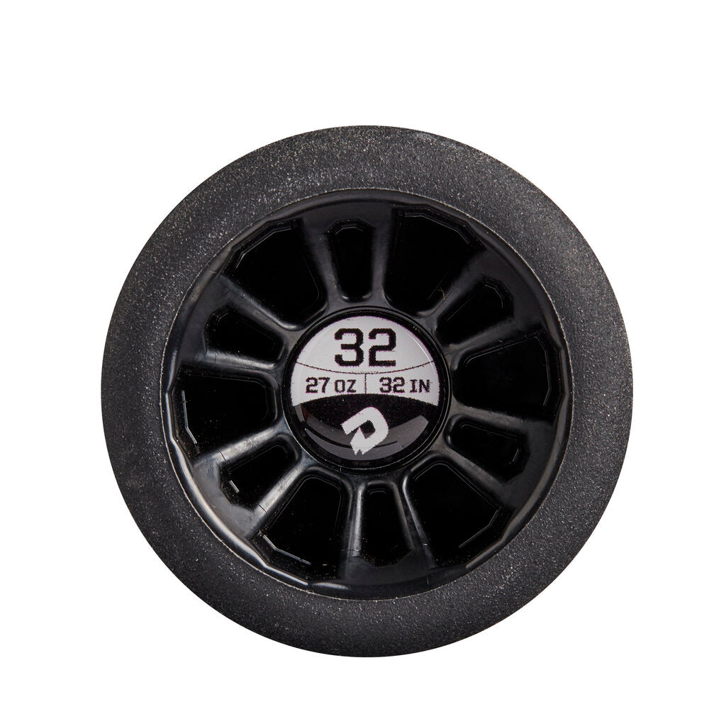 Baseball bat end cap insert with “32” and weight specs, circular black graphic