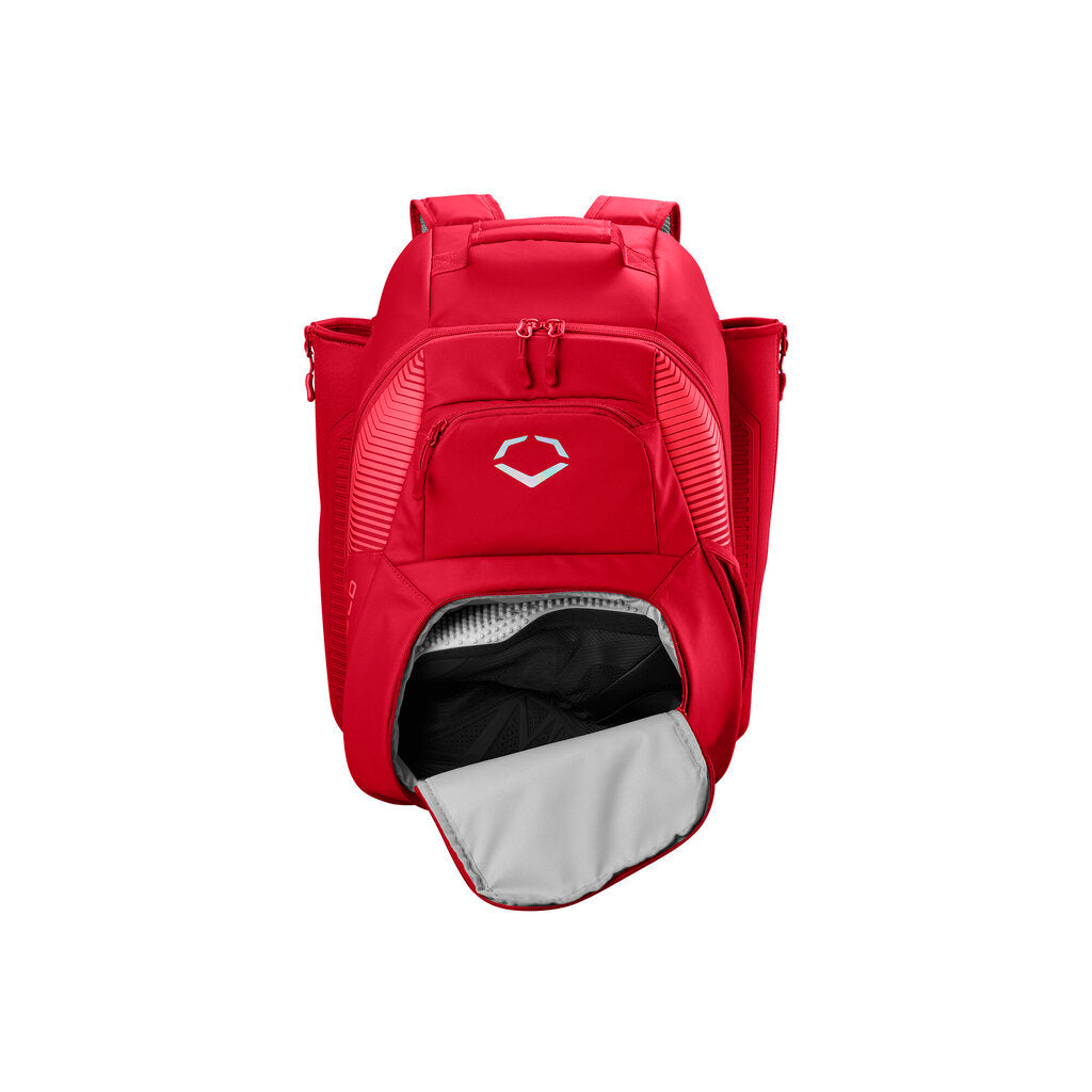 Scarlet baseball bat backpack with top handle and open batting gear compartment