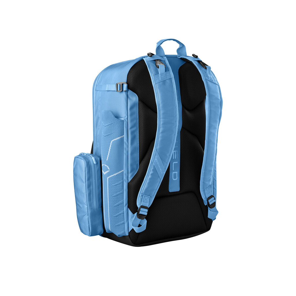 Light blue baseball bat backpack side view with front pocket and rails
