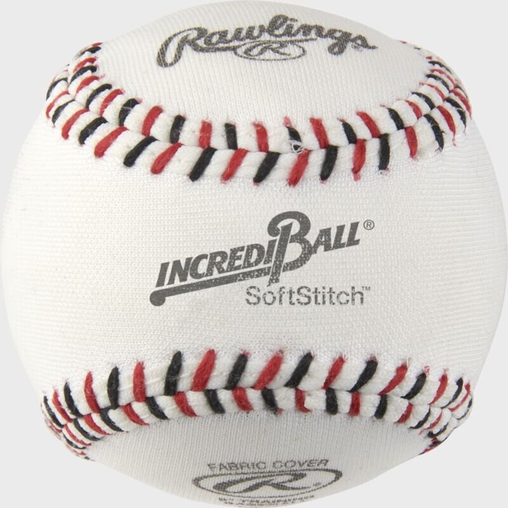 White Rawlings Incredi-Ball SoftStitch training baseball with red and black stitching