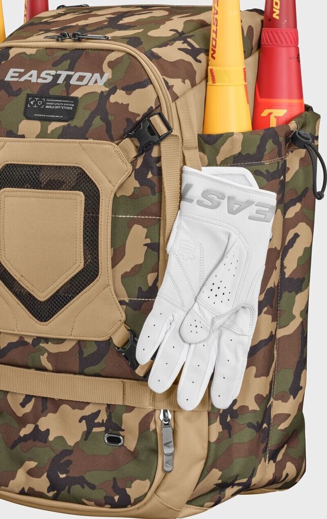 Army camo backpack bat bag close-up with front shield pocket and white batting gloves.