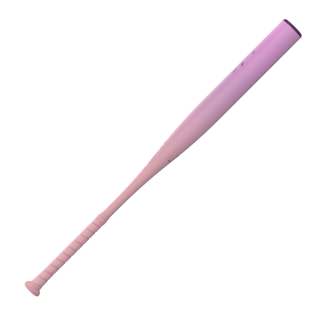 Purple fastpitch softball bat angled view with ribbed grip and clean barrel