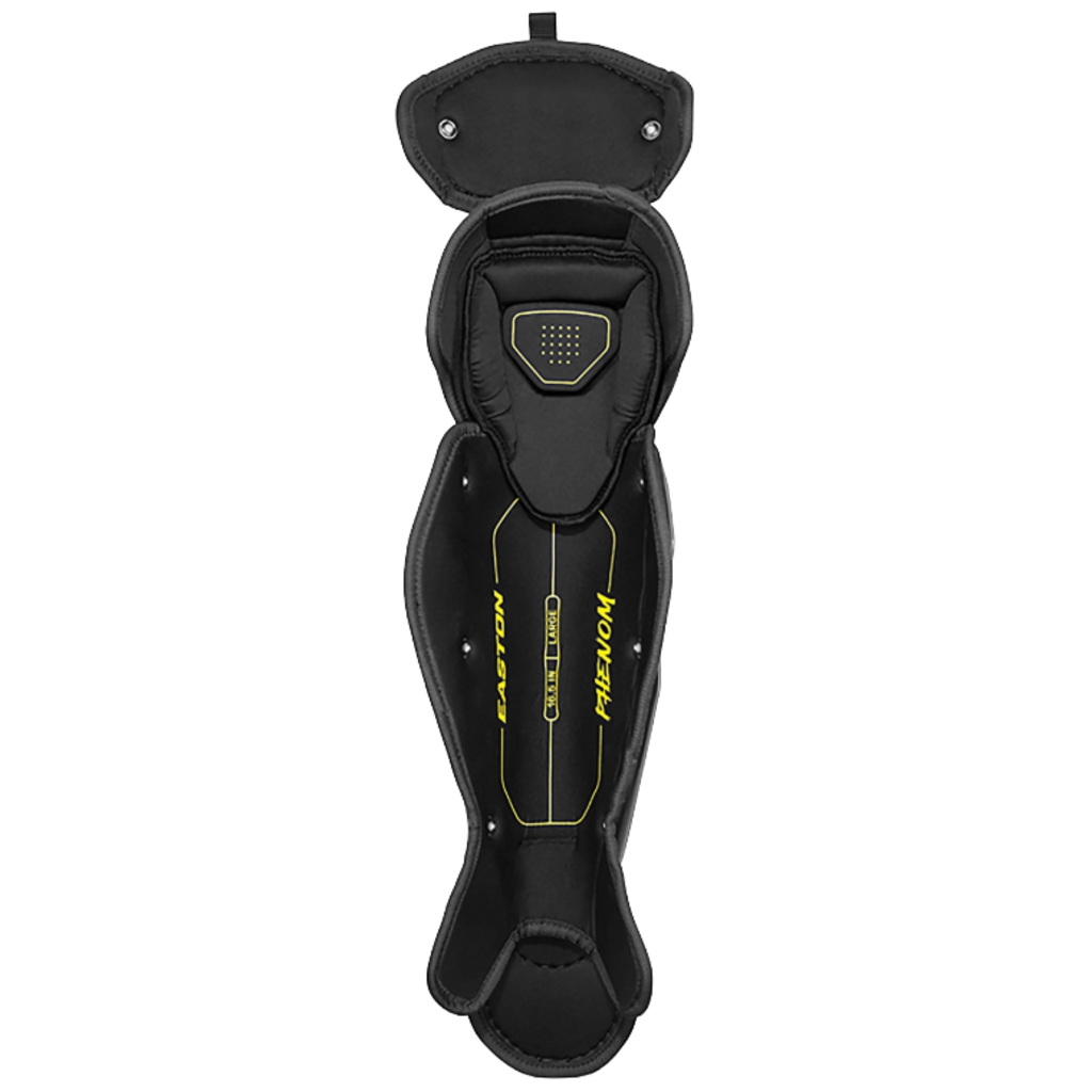 Black catcher leg guard with hinged cover and yellow trim accents