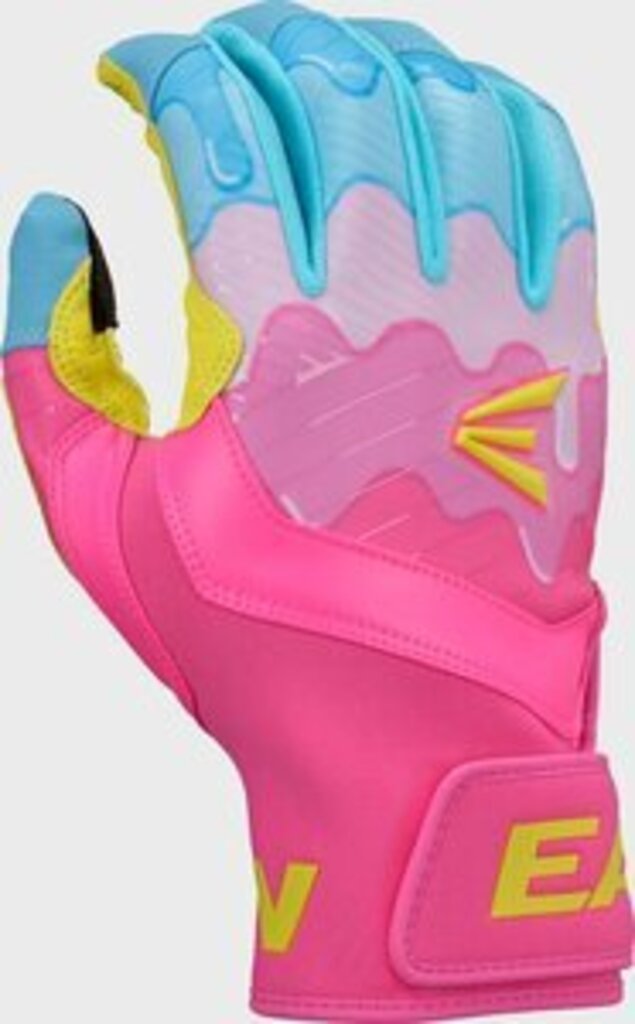 Baseball batting glove in hot pink with light blue top and neon yellow thumb