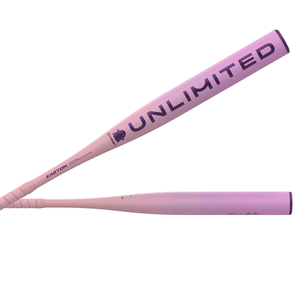 Purple fastpitch softball bat angled view with Easton logo and barrel marking.