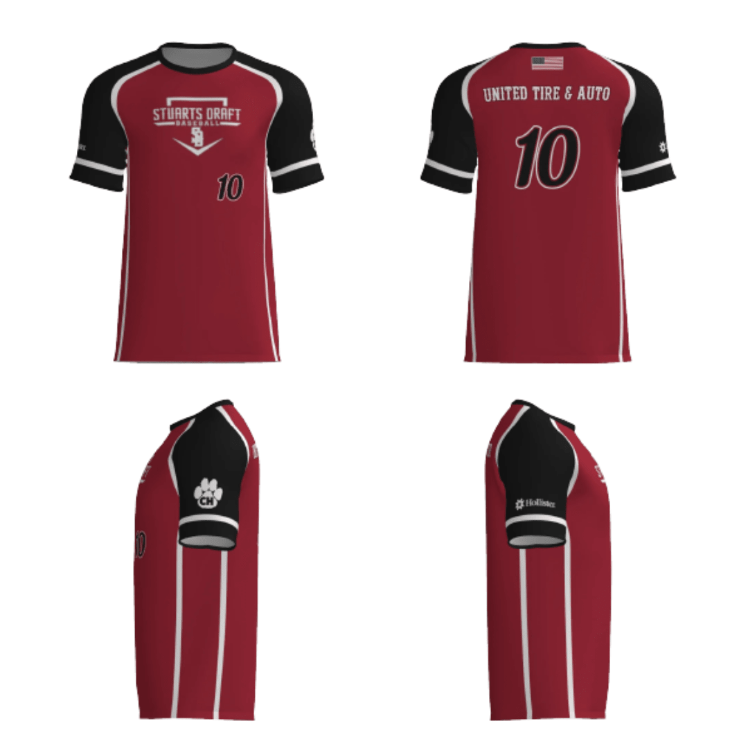 Baseball replica jersey, dark red with black sleeves, number 10 and sponsor logo