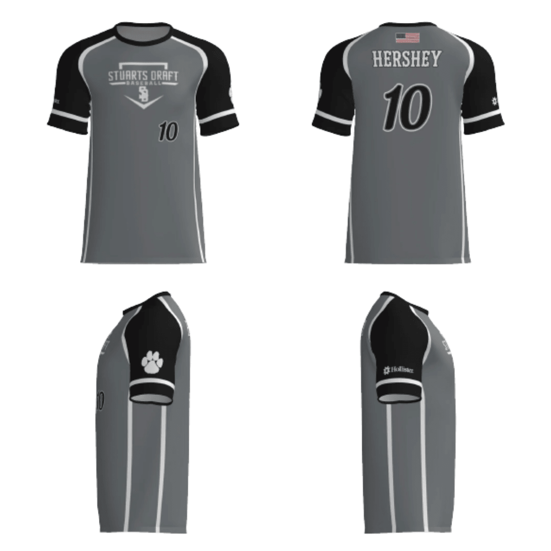 Baseball fan replica jersey, dark gray with black sleeves and number 10, sponsor 'HERSHEY'.