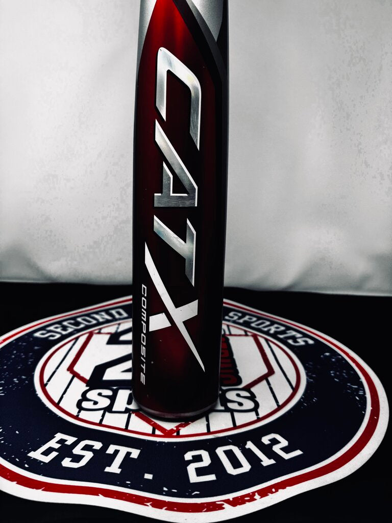 Used composite baseball bat, close-up of barrel end with black and red graphics
