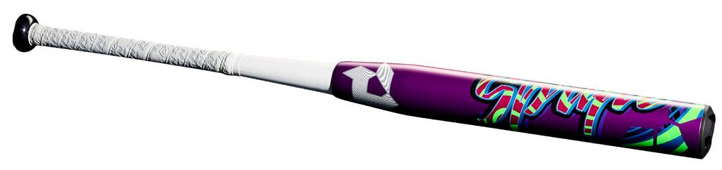 Fastpitch softball bat close-up of purple barrel with colorful “Spryte” graphics