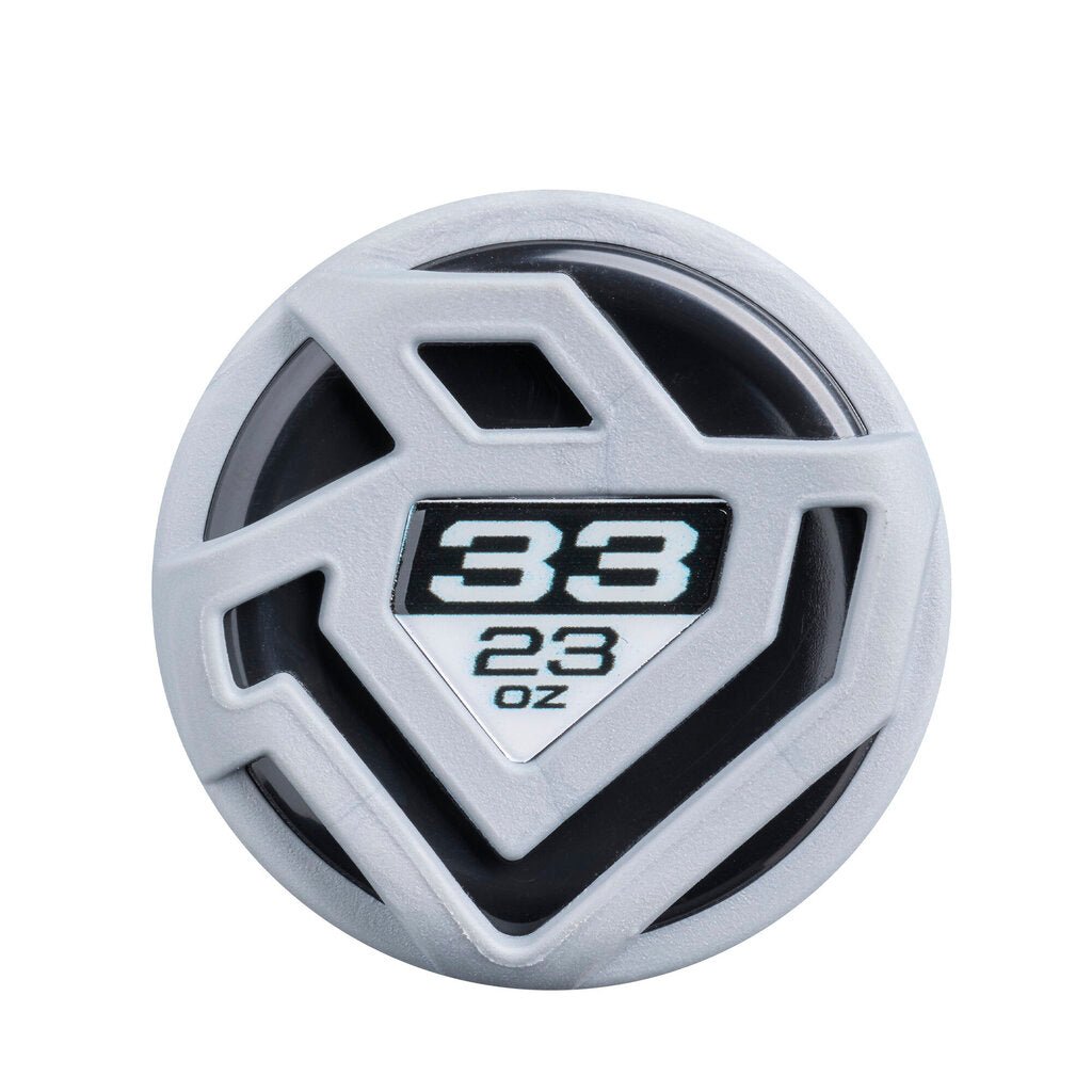 Softball bat end cap with gray and black design, '33' and '23 oz' label