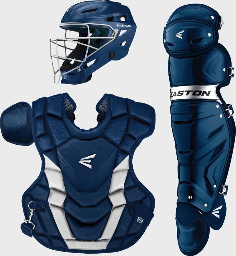 Blue baseball catcher gear set with helmet, chest protector, and shin guards
