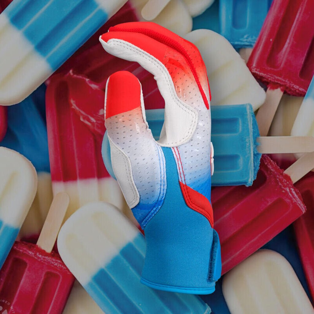 Softball batting gloves, white and blue back with red accents and finger loops