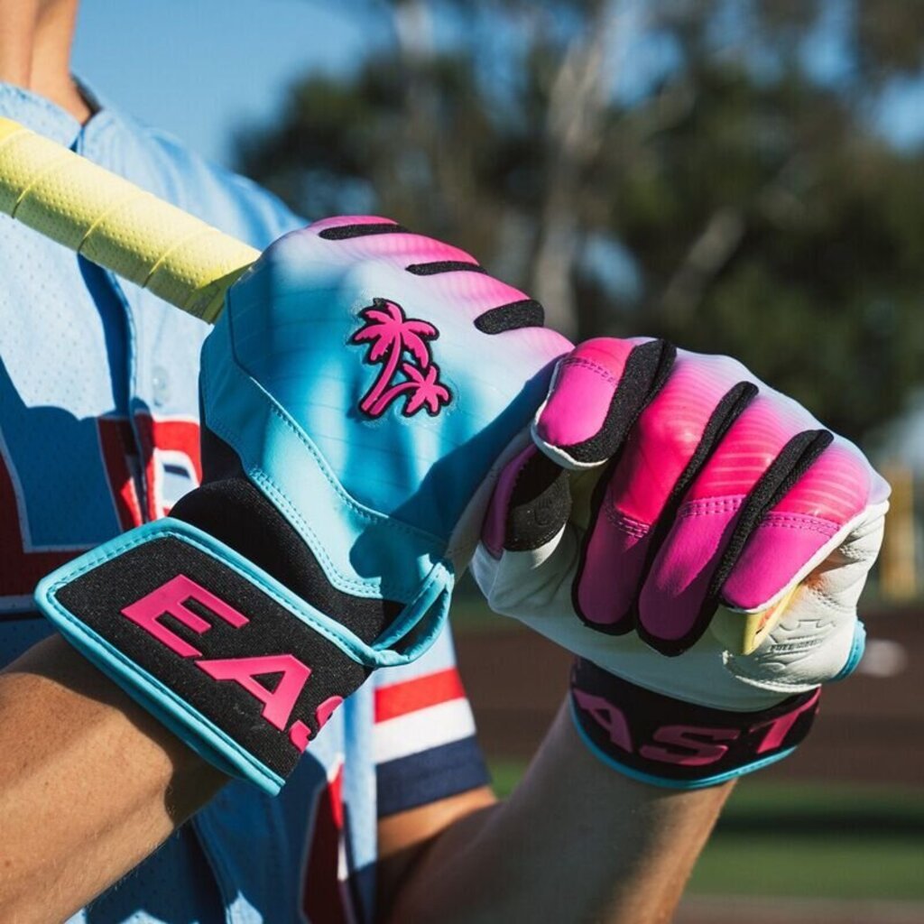 Adult batting gloves in aqua, pink, and black with palm padding and wrist strap