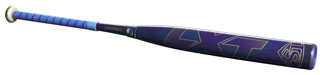 Fastpitch softball bat side view with navy finish and blue grip