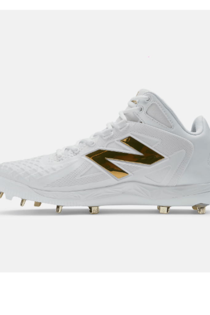 White baseball cleat with gold logo and metal stud outsole, side profile