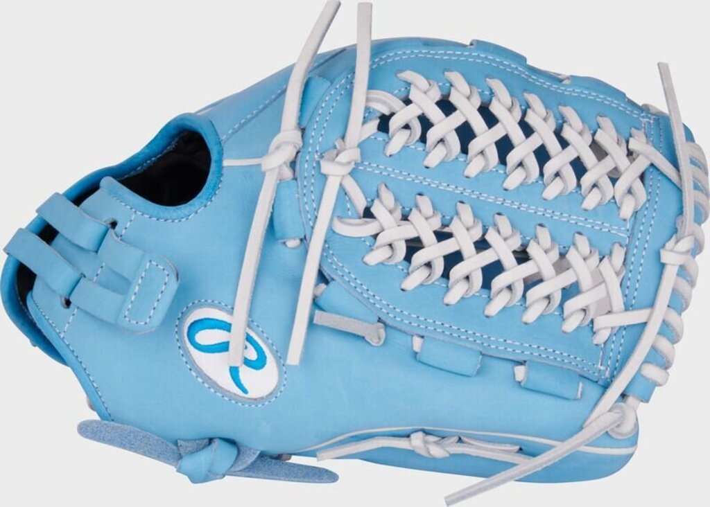 Light blue softball glove with white laces and finger stalls, brand script on wrist