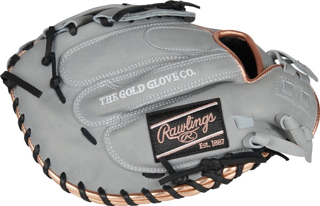 Grey catcher mitt with Rawlings label patch and tan leather trim, black finger straps