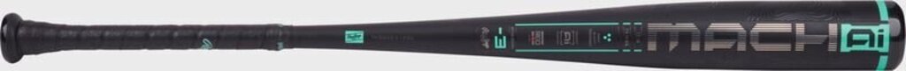 Black baseball bat barrel end cap with teal mach ai logo and markings