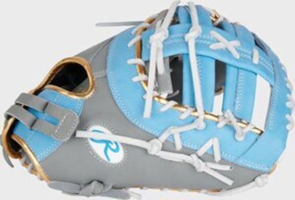 Light-blue and grey first base softball mitt with white laces and grey wrist strap, open pocket